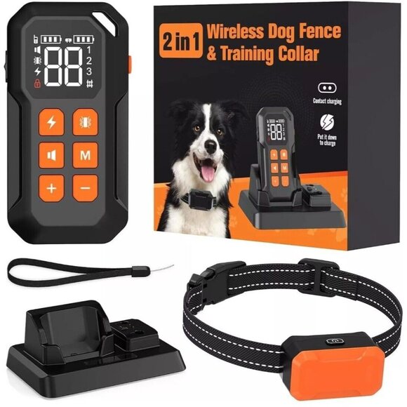WTBFX 2 in 1 Wireless Dog Fence & Training Collar Black & Orange New, Open Box